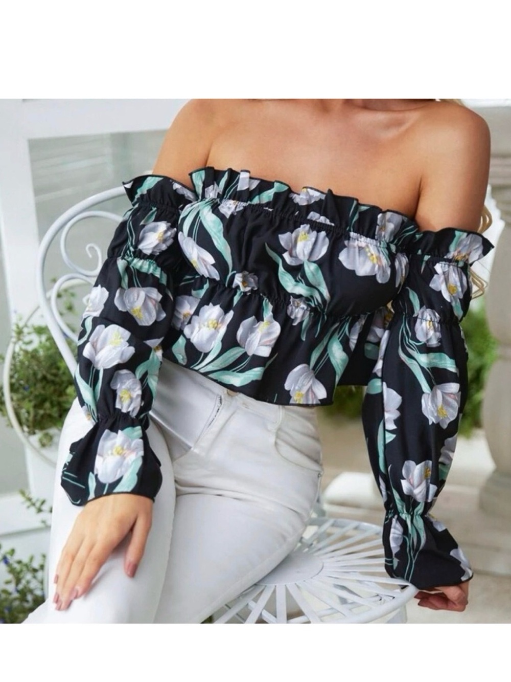 Off-Shoulder Black Floral Peasant Top